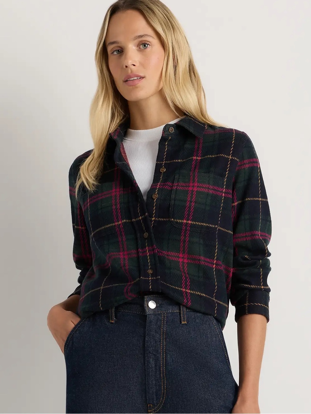 Quince Stretch Sweater Plaid Fleece Button Down Shirt, Green / Navy / Pink – S